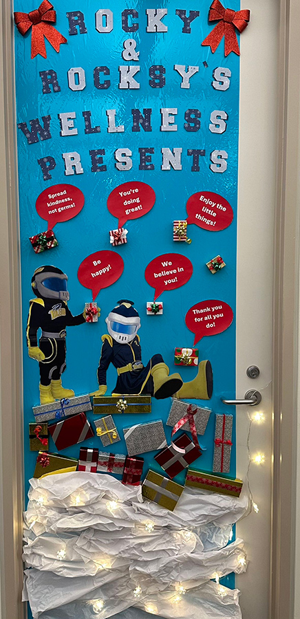 Picture of a decorated door on campus.