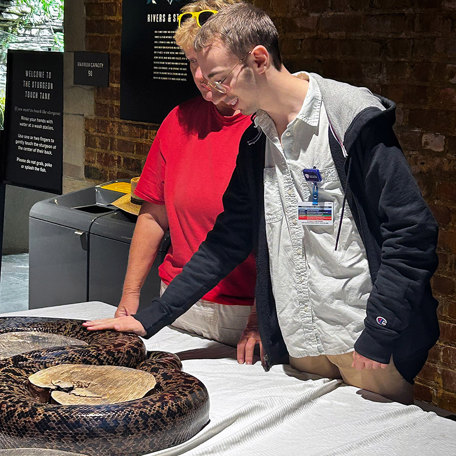 A UToledo attendee gently touches a large, coiled snake on a table during the Venom & Vigilance emergency response training at the Toledo Zoo.