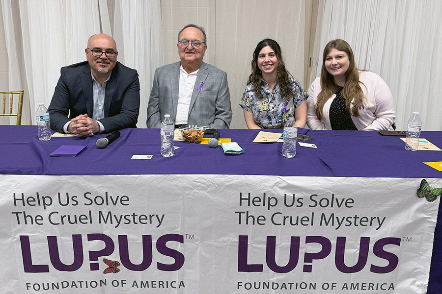 Seated at a table at the annual Lupus Awareness Day and pictured from left to right: Faculty Dr. Nezam Altorok, Dr. Bashar Kahaleh, Dr. Aya Abugharbyeh and fellow Dr. Samantha Davis. 