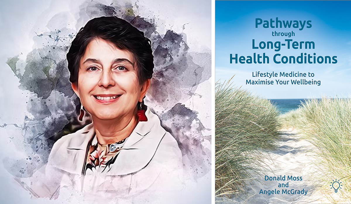 A stylized photo of Dr. Angele McGrady and her name book cover for "Pathways through Long-Term Health Conditions: Lifestyle Medicine to Maximise Your Wellbeing."