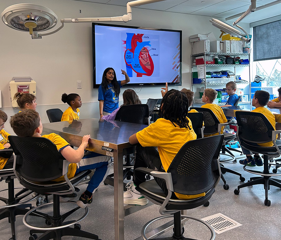 Students are inside the Simulation Center learning about the heart. 