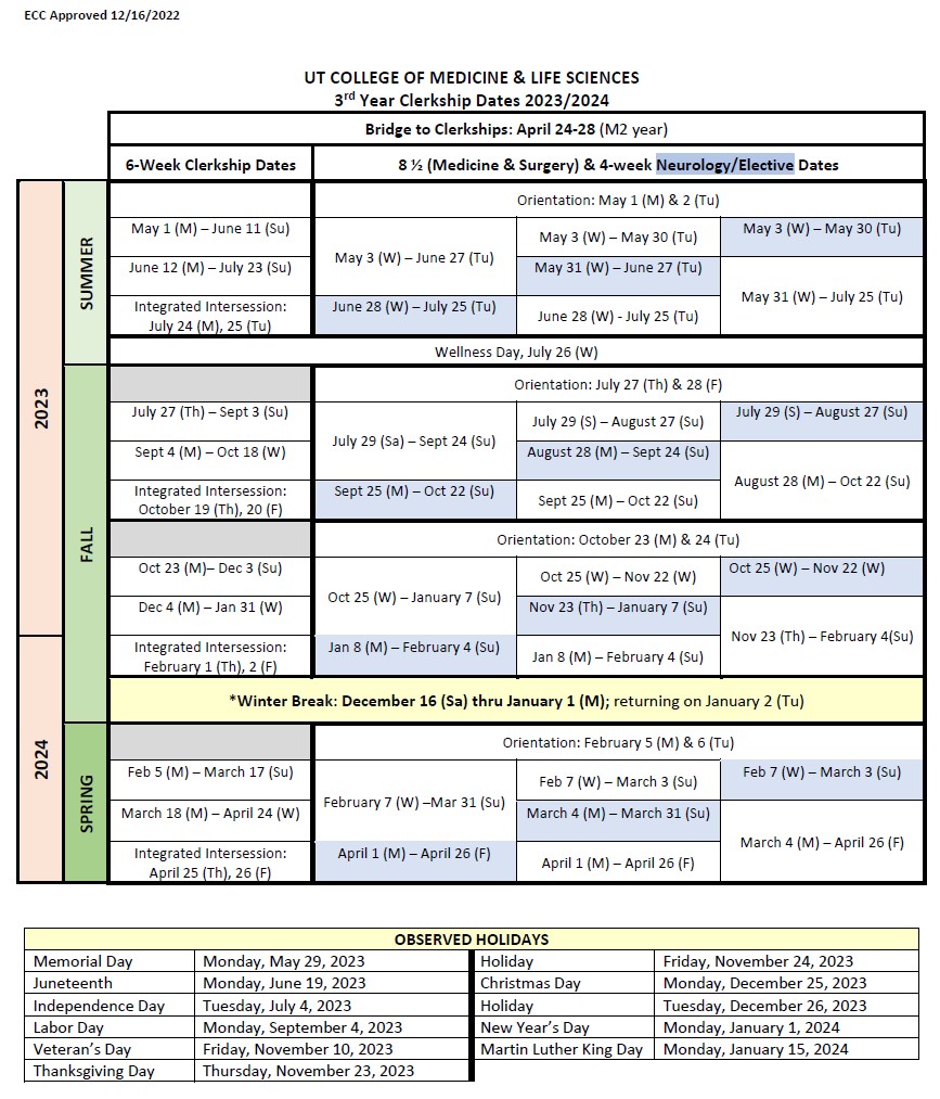 2023-2024 Clerkship Dates and Holiday Schedule
