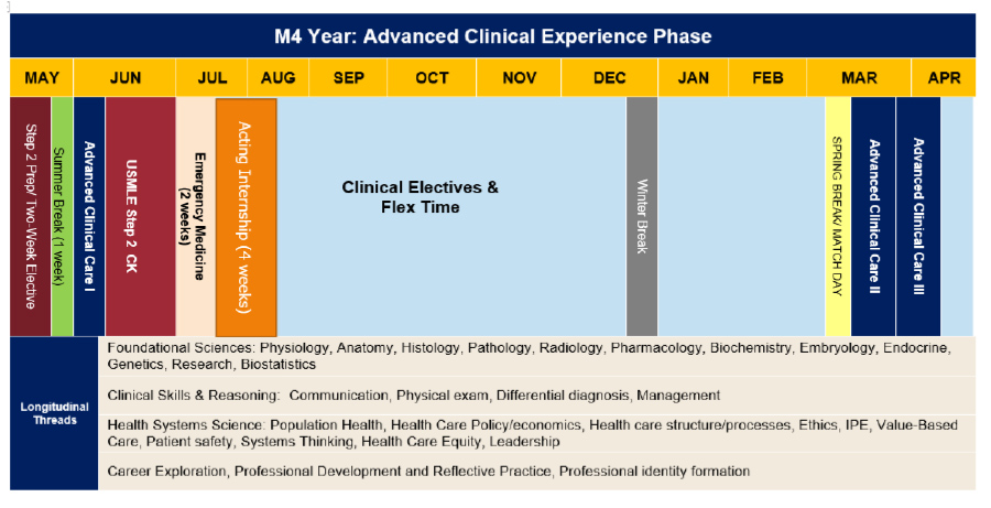 Schematic for the M4 year, showing various rotations over the following themes: Biopsychosocial, Maternal Fetal Health, Medical & Neurologic Care and Surgical Care. 