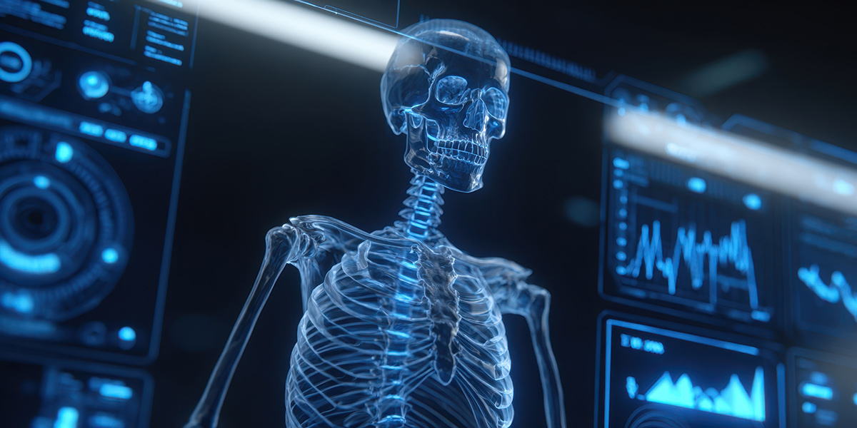 An illustrated photo of a holographic skeleton showcasing advanced medical technology and data visualization.