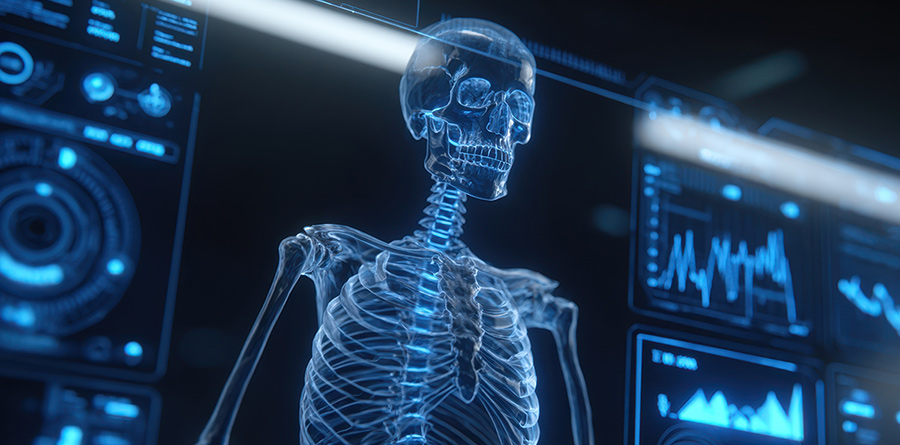 An illustrated photo of a holographic skeleton showcasing advanced medical technology and data visualization.