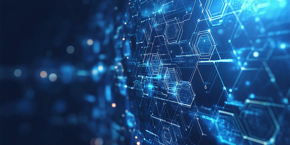 An illustrated photo of abstract communication technology with hexagon shapes.