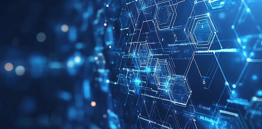 An illustrated photo of abstract communication technology with hexagon shapes.