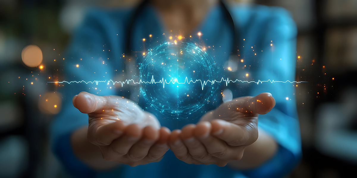 An illustrated photo of digital healthcare featuring outreached hands of a medical professional with medical graphics above them.