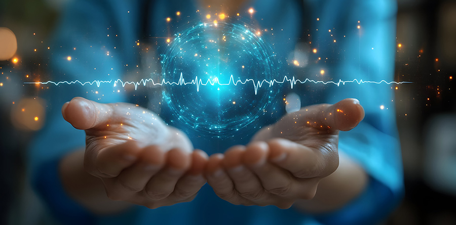 An illustrated photo of digital healthcare featuring outreached hands of a medical professional with medical graphics above them.