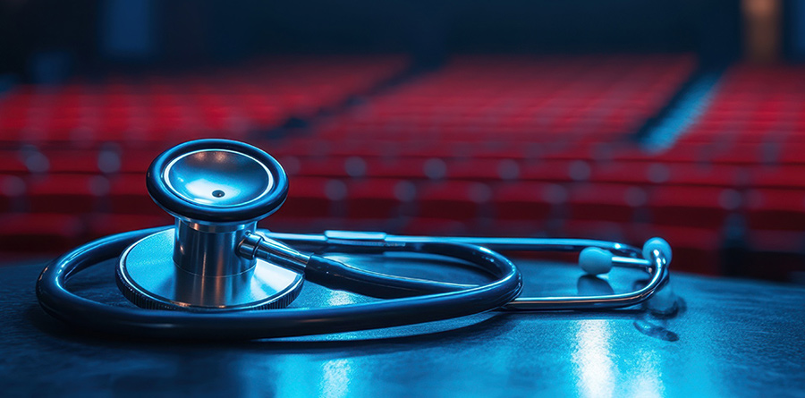An illustrated photo of a stethoscope resting on a table in an empty theater before a medical presentation.