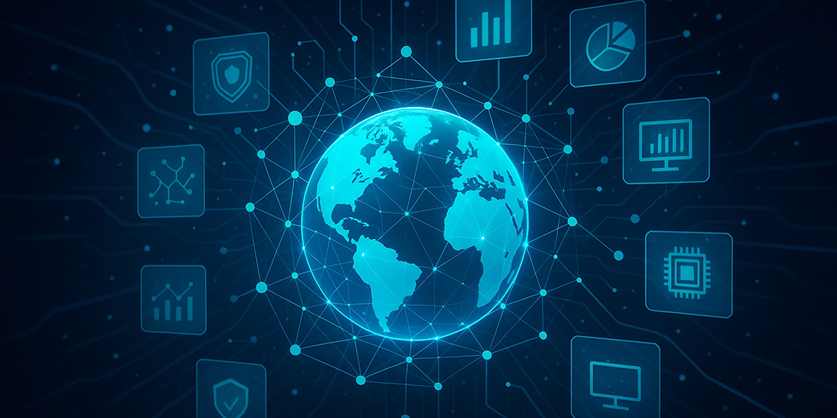 An illustrated photo of global technology interface.