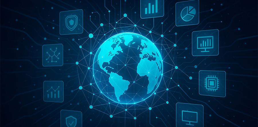 An illustrated photo of global technology interface.