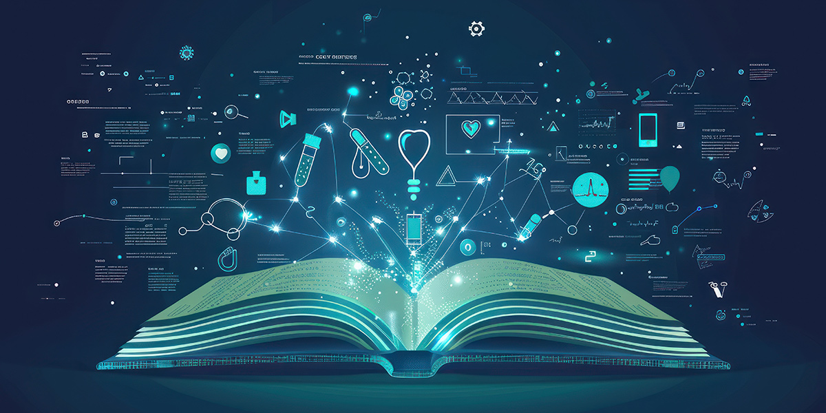 An illustrated photo of a digital book with healthcare and technology icons.