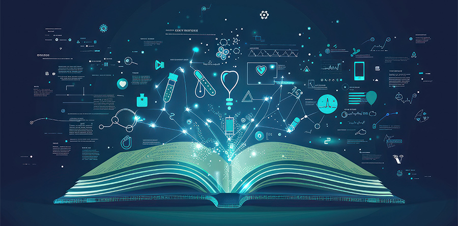 An illustrated photo of a digital book with healthcare and technology icons.