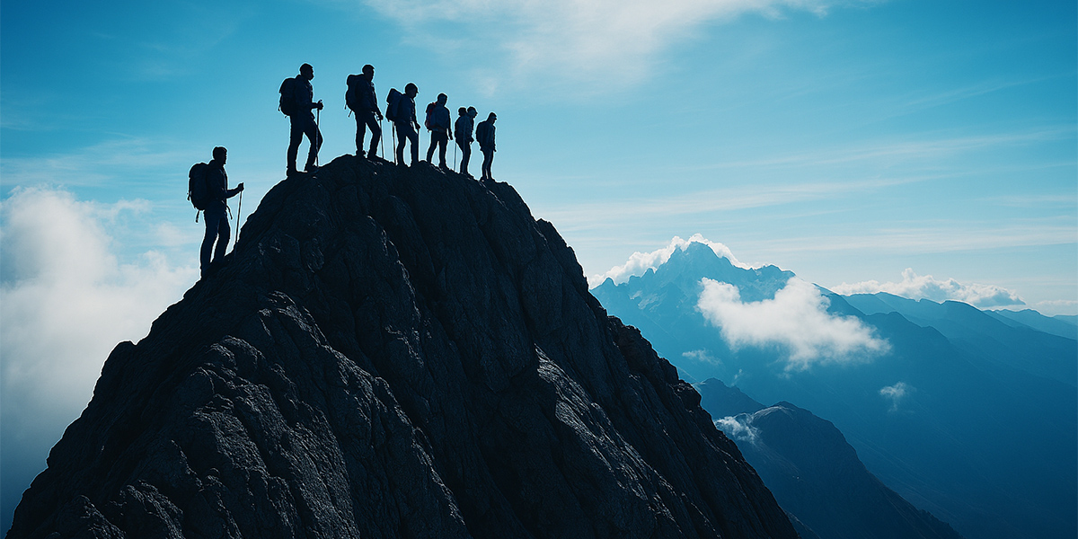 Silhouetted group of hikers standing together on a mountain peak above the clouds, representing leadership, teamwork and reaching shared goals.