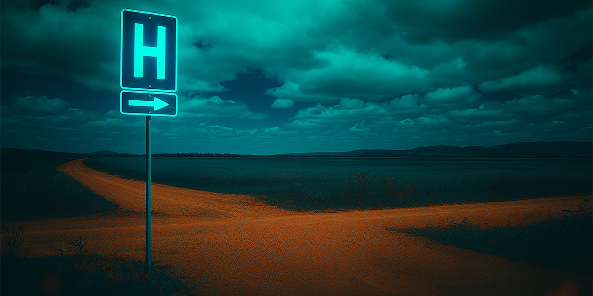 Illustrated image of a rural roadway splitting in two directions beside a glowing hospital sign under a cloudy sky, symbolizing access to healthcare in remote communities.