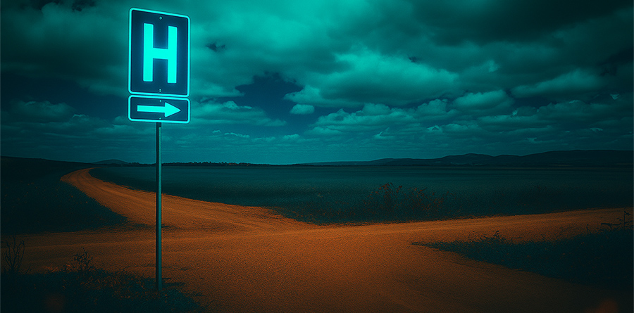 Illustrated image of a rural roadway splitting in two directions beside a glowing hospital sign under a cloudy sky, symbolizing access to healthcare in remote communities.