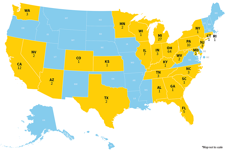 U.S. map with 2024 graduating class highlighted, including 64 in Ohio, 27 in Michigan and 12 in California.