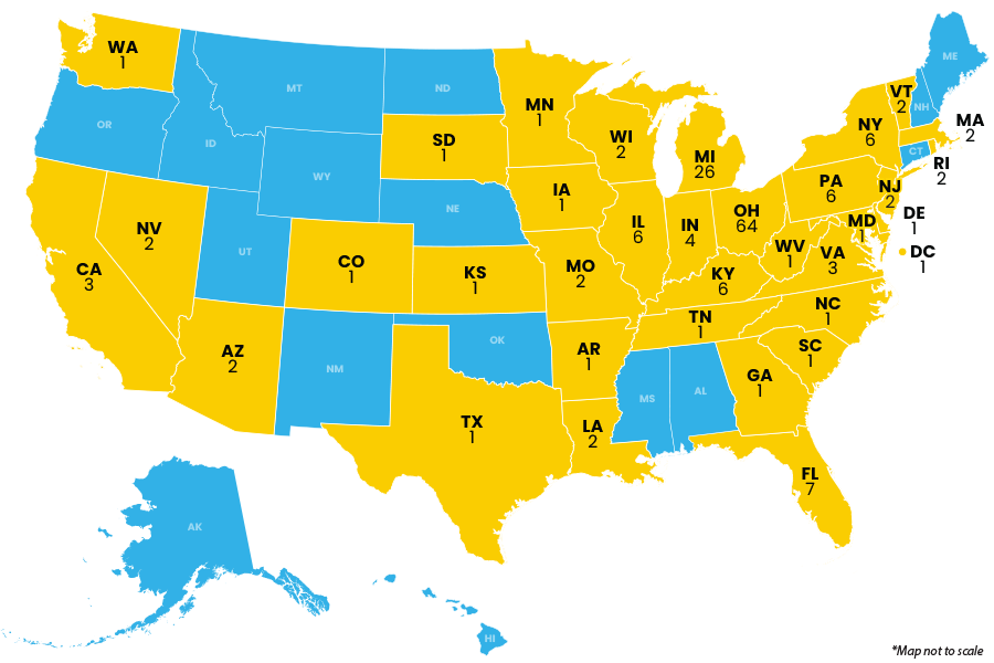 U.S. map with graduating Class of 2026 highlighted, including 64 in Ohio, 26 in Michigan and 6 in Illinois.