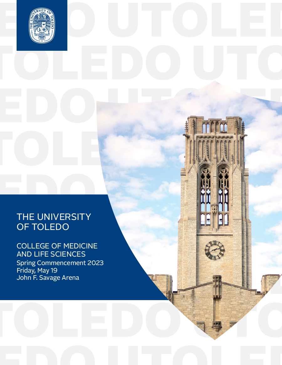 Commencement program cover featuring the University Hall clocktower in a shielf outline.