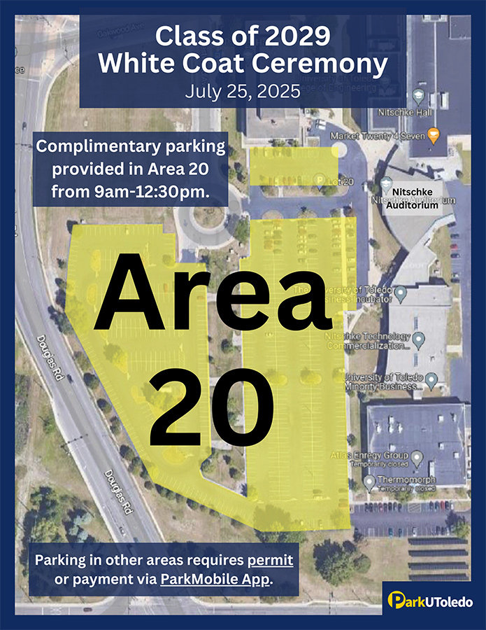 Map of parking Area 20 outside of Nitschke Auditorium showing where to park.