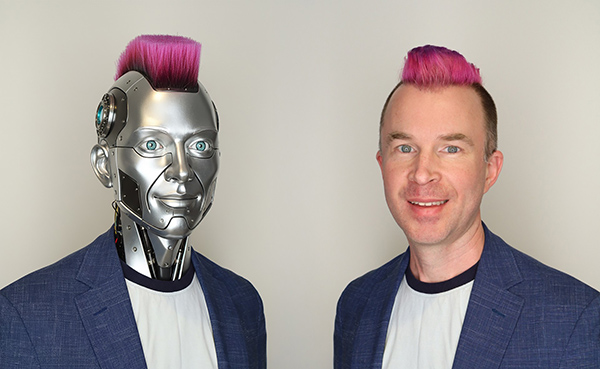 the left side of the image is of a Robot that looks like the speaker Logan McCarty, on the right hand side is a Headshot of Logan McCarty