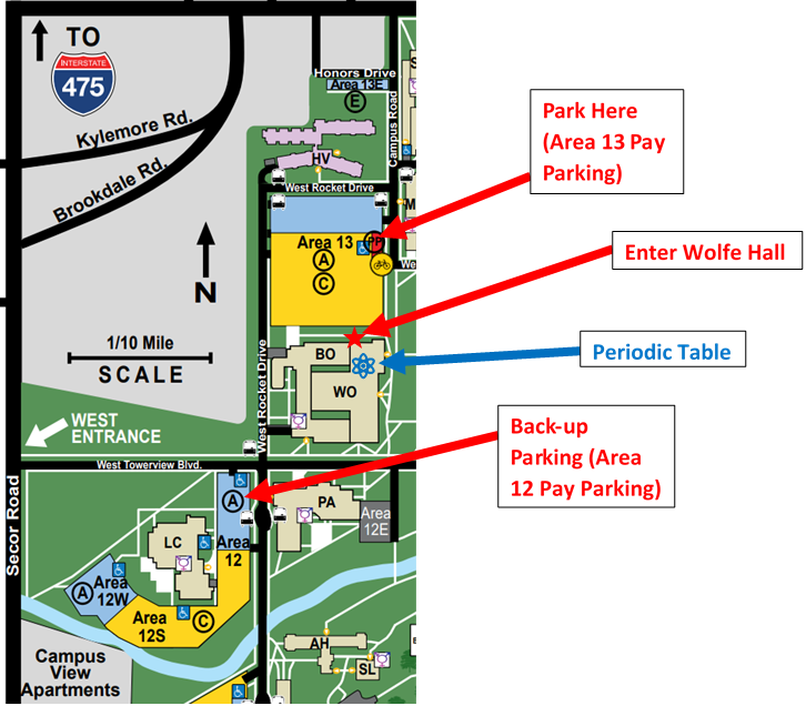 cartoon map of a corner of the University with red arrows pointing to parking areas and a blue area pointing to a cartoon atom signifying the location of the Living Science--The Ever-Changing Periodic Table display