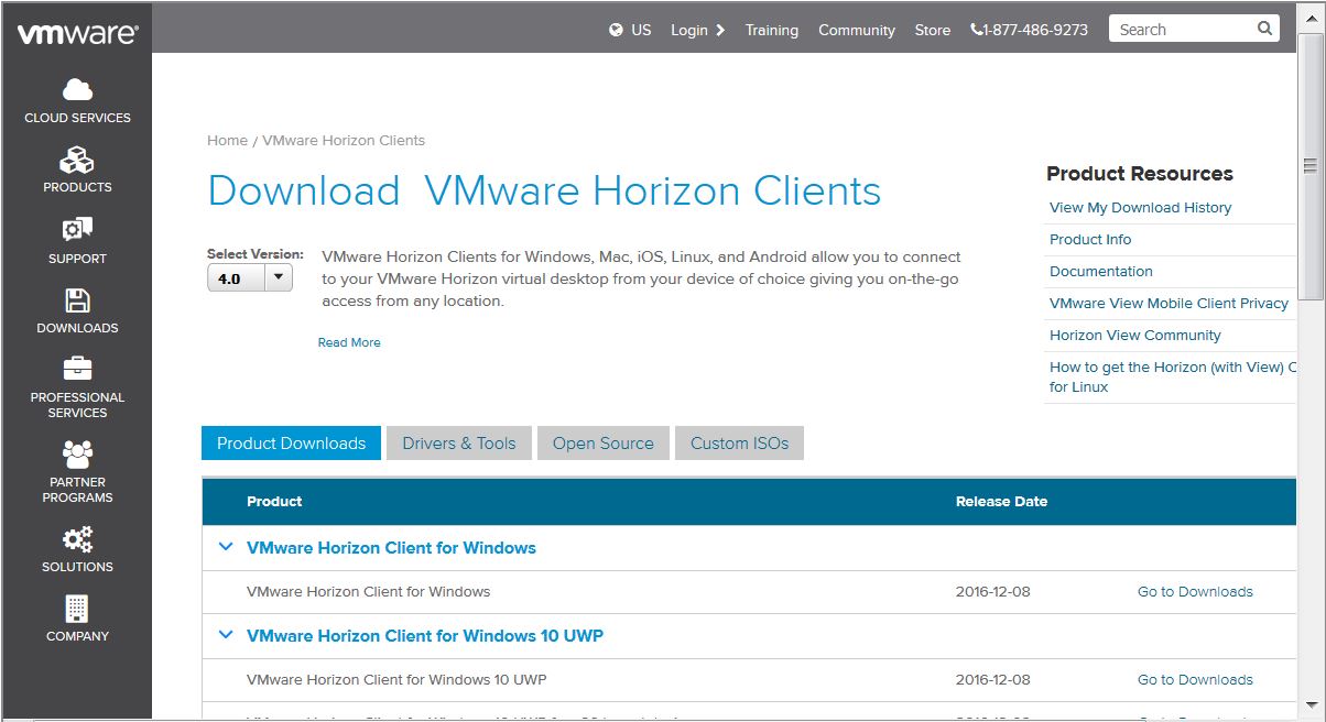 Screenshot of the download page for all platforms of the VMWare client