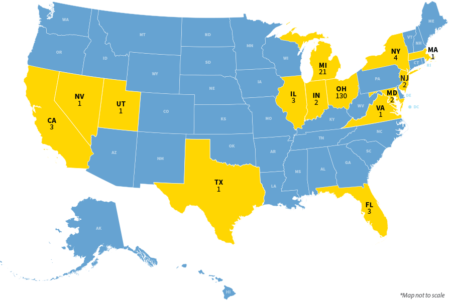 Map of the U.S. showing the number of entering students from each state