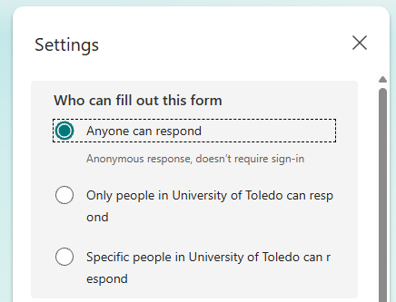 Microsoft Office Forms Settings - Who can respond