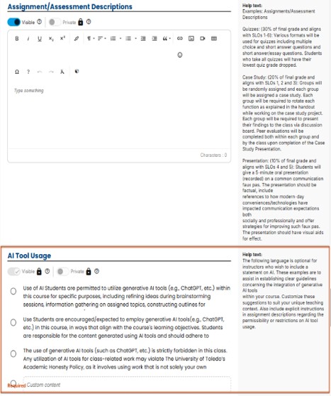 Simple Syllabus screen shot of the assignment and AI tool usage