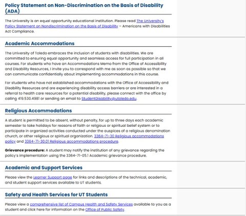 Simple Syllabus screen shot of policy, religious and academic accomidations section