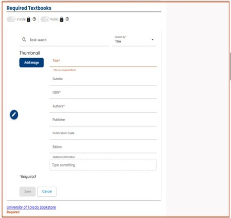 Simple Syllabus Screen shot of Required Text book field