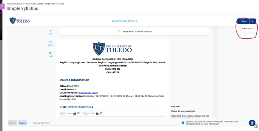 simple syllabus screen shot of form, dashboard llink in top right