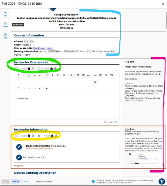 simple syllabus screen shot of instructor credentails section