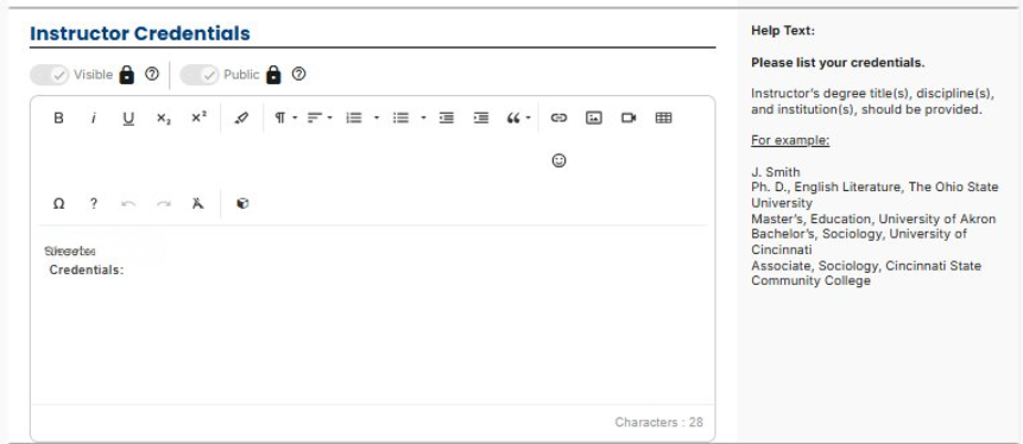 Simple Syllabus screen shot of instructor creential editing page