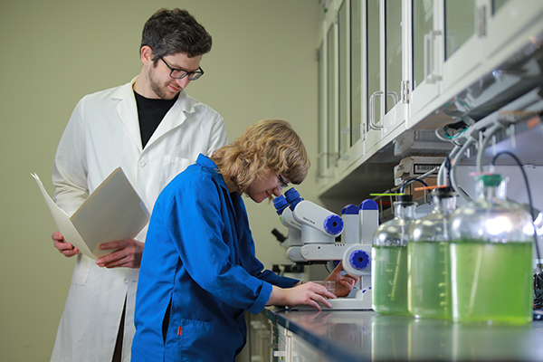 Two graduate students working in a lab with a microscope