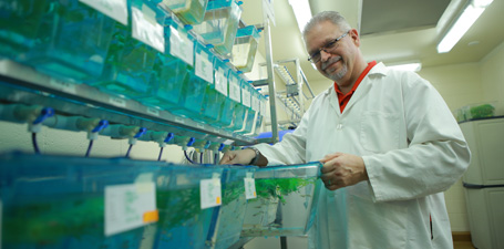 PROSPECTIVE STUDENTS a man in white coat is grabbing a bin in a research lab