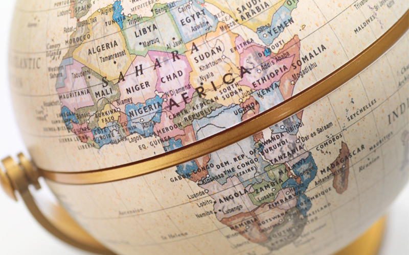 close up image of a globe featuring Africa 