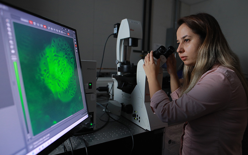 A woman in a lab looking at a computer while using a microscope