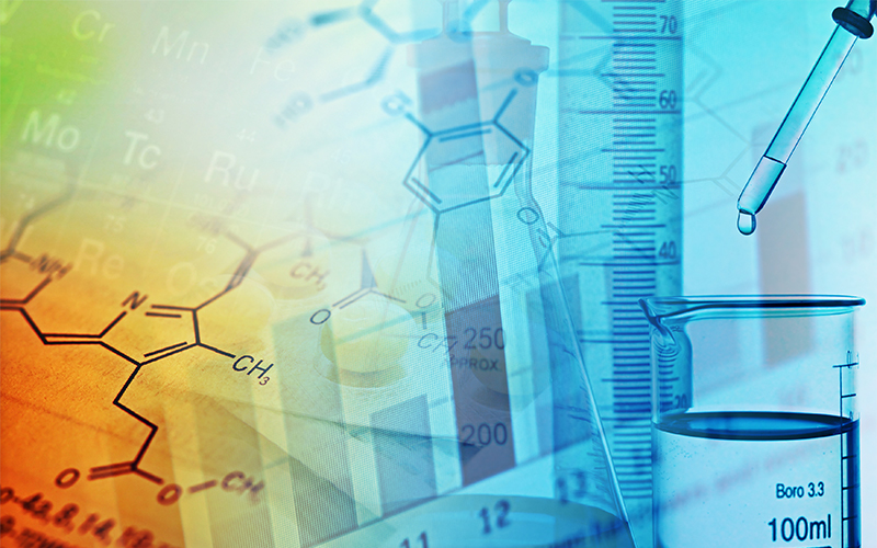 multi-colored image displaying various chemical structures as well as test tubes and beakers