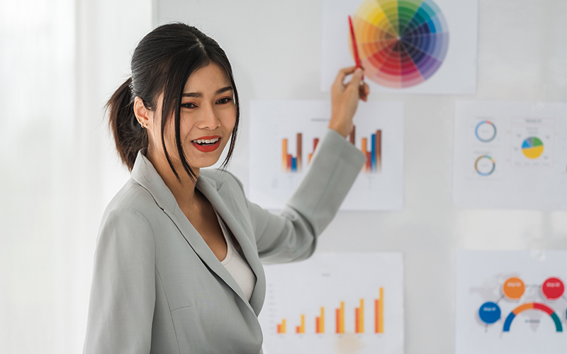 teacher presents and points to analytical graphs displayed on a white board