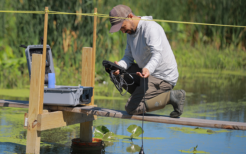Man standing on a board walk about a pond of water using electronic devices to gather information