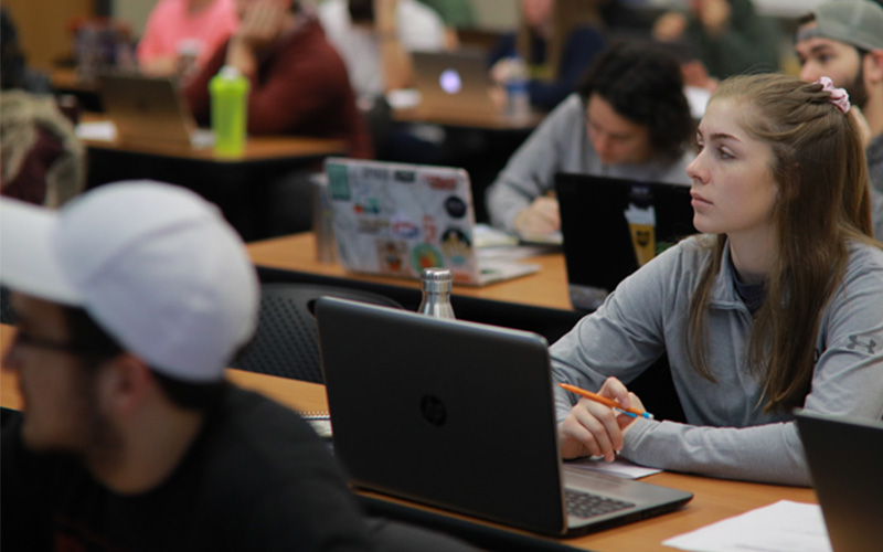 students sitting in a class with laptops open listen to lecture