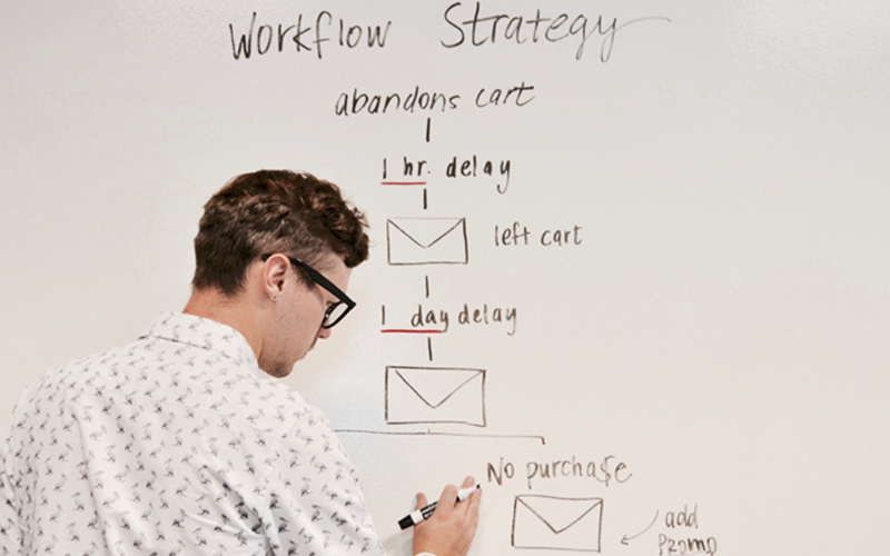man at a white board writes out a workflow strategy in marker