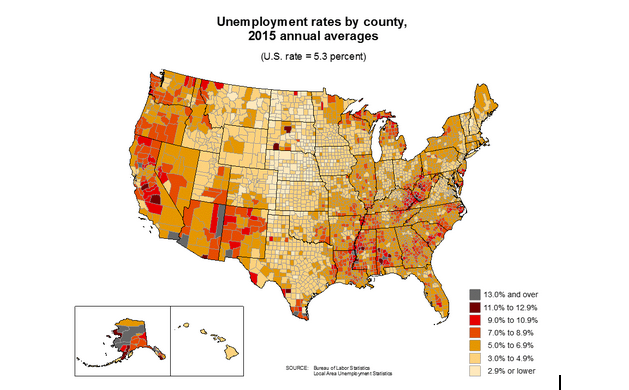 Unemployment rates by county, 2015 annual averages