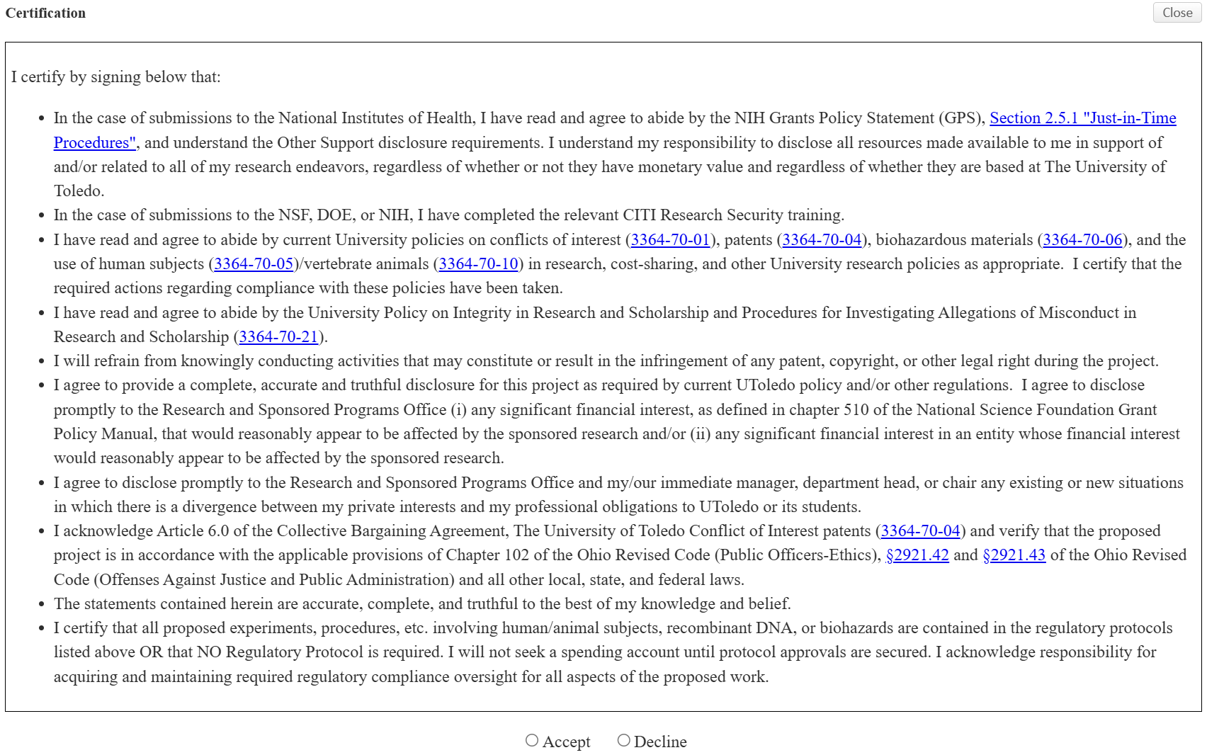 Screenshot of Attestation Wording
