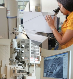 Image of a woman standing at a microscope representing Center for Materials and Censor Characterization