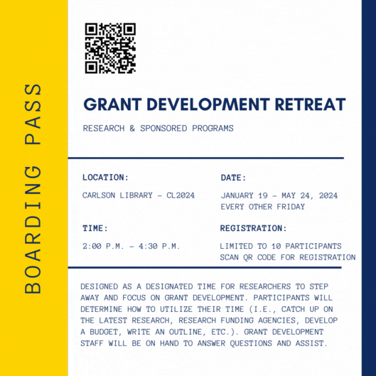 Grant Development Retreat Marketing Image to look like airplane ticket