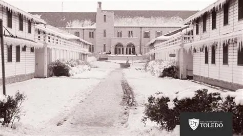 historical utoledo rotc building on campus in the winter